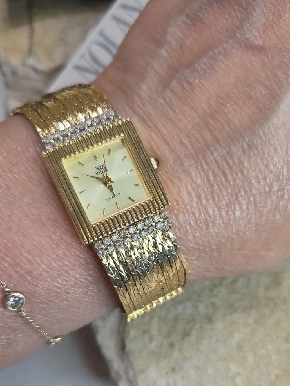 Nolan Miller Gold Chain Bracelet Watch  Rhinestone Accents Blue Sapphire Crown